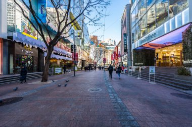 Seoul, Güney Kore 10 Aralık 2018: Myeong dong piyasasıdır popüler bir yer ve yiyecek bir şeyler bulmak alışveriş ve turistik bölgesi