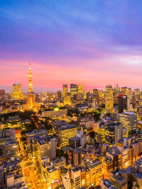 Şehir Japonya'da günbatımı zamanı, güzel mimarisi ve tokyo kule