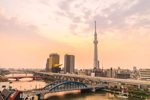 Beautiful architecture building in tokyo city with tokyo sky tree at sunrise japan