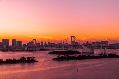 Alacakaranlık günbatımı zaman Japonya'nın tokyo şehir Gökkuşağı Köprüsü ile Cityscape bina güzel mimari