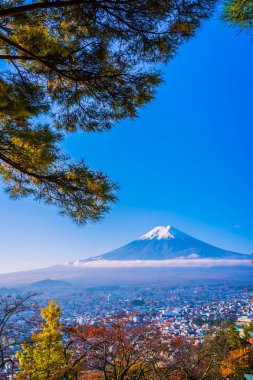 Güzel manzara dağ fuji akçaağaç yaprağı ağaç beyaz bulut ve Yamanashi Japonya sonbahar sezonu mavi gökyüzü ile çevresinde