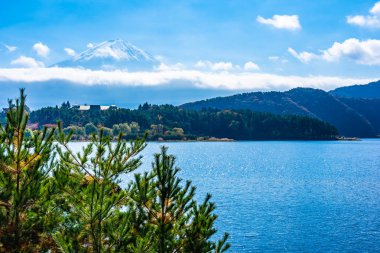 Dağ fuji akçaağaç yaprağı ağaç göl sonbahar sezonu ile güzel manzara