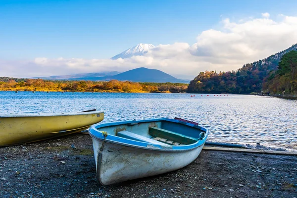 Hermoso Paisaje Montaña Fuji Con Barco Árbol Hoja Arce Alrededor — Foto de Stock