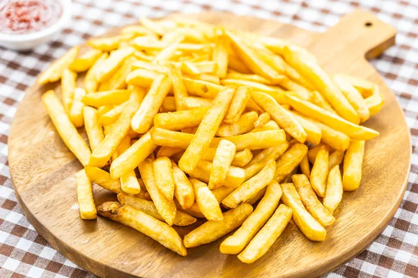 French Fries Wooden Plate Tomato Ketchup Sauce Junk Unhealthy Food — Stock Photo, Image