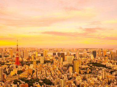 Japonya'da günbatımı zaman şehirde bina mimari ve tokyo kule güzel havadan görünümü