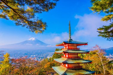 Dağ fuji chureito pagoda akçaağaç ağaç yaprak sonbahar sezonu Yamanashi Japonya çevresinde ile güzel manzara