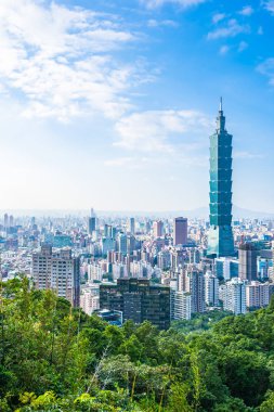 Beautiful landscape and cityscape of taipei 101 building and architecture in the city skyline with bluesky and white cloud at Taiwan clipart