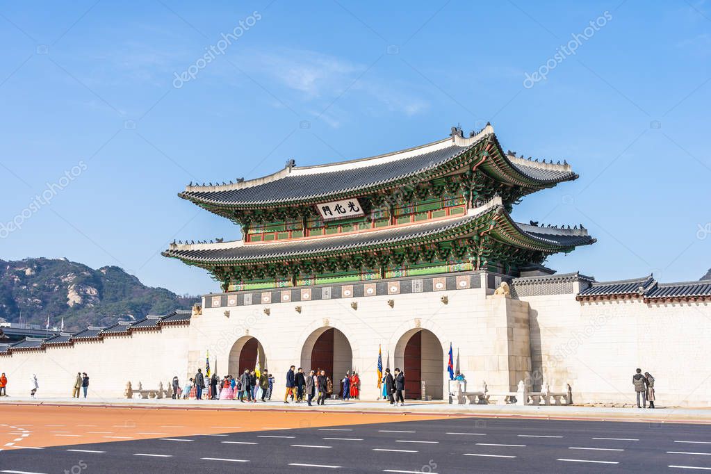 Seoul, South Korea 6 December 2018 : Beautiful architecture Gyeongbokgung palace is the popular place for travel and sightseeing in Seoul Korea