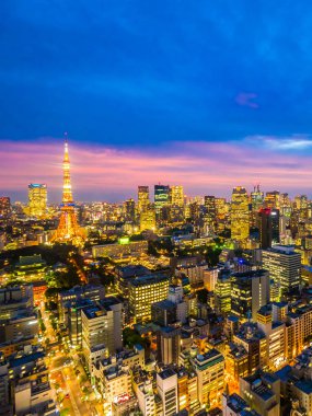 Şehir Japonya'da günbatımı zamanı, güzel mimarisi ve tokyo kule