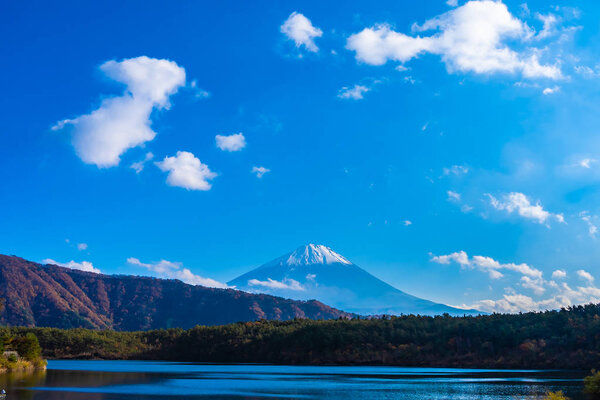 Beautiful landscape of mountain fuji with maple leaf tree around lake in Yamanashi Japan