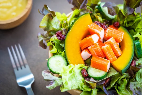 Crab Sticks Meat Fresh Vegetable Salad Wood Bowl Mayonnaise Sauce — Stock Photo, Image