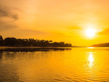 Güzel tropikal plaj deniz ve okyanus ile Hindistan cevizi hurma ağacı gündoğumu zaman seyahat ve tatil için