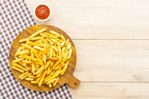 French Fries Wooden Plate Tomato Ketchup Sauce Junk Unhealthy Food — Stock Photo, Image