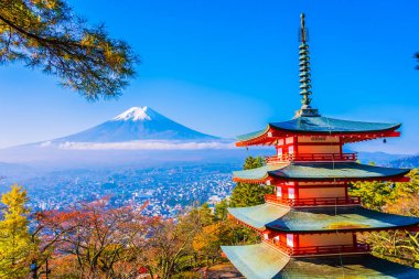 Dağ fuji chureito pagoda akçaağaç ağaç yaprak sonbahar sezonu Yamanashi Japonya çevresinde ile güzel manzara