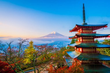 Dağ fuji chureito pagoda akçaağaç ağaç yaprak sonbahar sezonu Yamanashi Japonya çevresinde ile güzel manzara