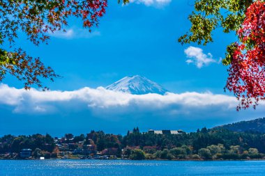 Dağ fuji akçaağaç yaprağı ağaç göl sonbahar sezonu ile güzel manzara