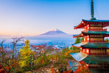 Dağ fuji chureito pagoda akçaağaç ağaç yaprak sonbahar sezonu Yamanashi Japonya çevresinde ile güzel manzara