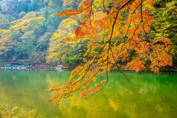 Belo Rio Arashiyama Com Árvore Folha Bordo Barco Torno Lago — Fotografia de Stock