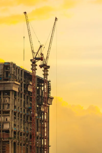 Bâtiment Chantier Grue Extérieur Heure Coucher Soleil — Photo