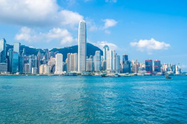 Hong kong şehir manzarası ile mavi gökyüzü arka plan dış cityscape bina güzel mimari