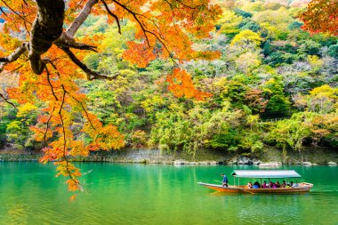 Akçaağaç ağaç yaprak ve sonbahar sezonu Kyoto Japonya göl etrafında tekne ile güzel Arashiyama Nehri