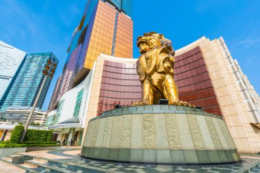 Çin, Makao - 9 Eylül 2018 - güzel aslan heykeli mgm hotel resort ve macau şehir casino