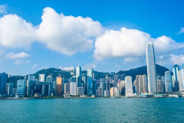 Hong kong şehir manzarası ile mavi gökyüzü arka plan dış cityscape bina güzel mimari