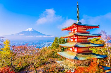 Dağ fuji chureito pagoda akçaağaç ağaç yaprak sonbahar sezonu Yamanashi Japonya çevresinde ile güzel manzara