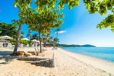 Güzel tropikal plaj ve deniz ile seyahat ve tatil için mavi gökyüzü sandalyede