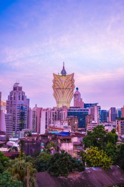 Bina Cityscape Makao şehrinin alacakaranlık geceleri güzel mimari