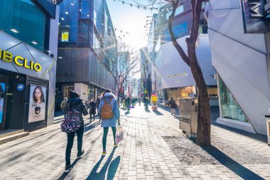 Seoul, Güney Kore 10 Aralık 2018: Myeong dong piyasasıdır popüler bir yer ve yiyecek bir şeyler bulmak alışveriş ve turistik bölgesi