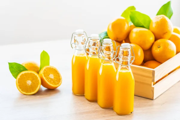 Fresh Orange Juice Drink Bottle Glass Wooden Table Healthy Food — Stock Photo, Image