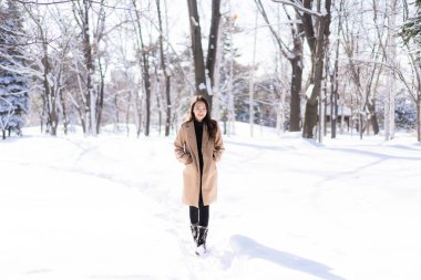 Portre genç güzel Asyalı kadın mutlu seyahat gülümseme ve kar kış sezonu Hokkaido Sapporo Japonya'da zevk.