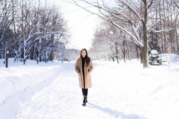Portre genç güzel Asyalı kadın mutlu seyahat gülümseme ve kar kış sezonu Hokkaido Sapporo Japonya'da zevk.