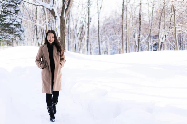 Portrait Young Beautiful Asian Woman Smile Happy Travel Enjoy Snow — Stock Photo, Image