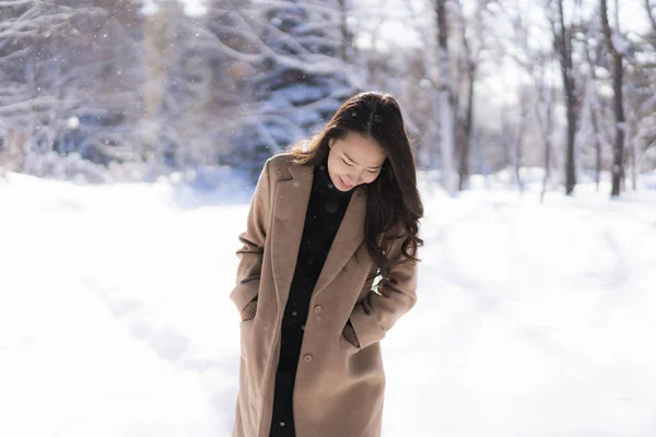 Portrait Young Beautiful Asian Woman Smile Happy Travel Enjoy Snow — Stock Photo, Image