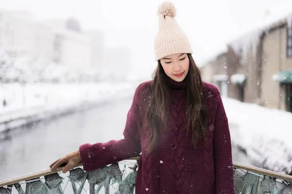 Beautiful Young Asian Woman Smile Happy Travel Trip Otaru Canal — Stock Photo, Image