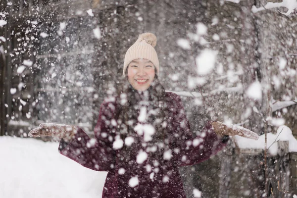 Schöne Junge Asiatische Frau Lächelt Glücklich Mit Reisen Schnee Winter — Stockfoto