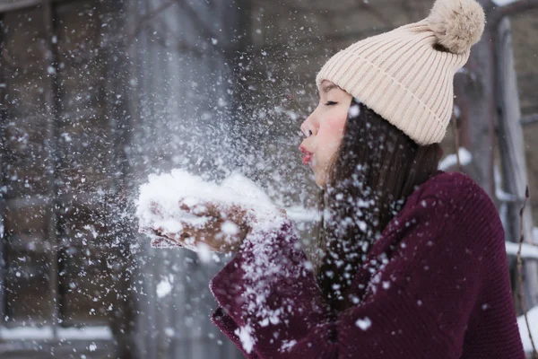 Beautiful Young Asian Woman Smiling Happy Travel Snow Winter Season — Stock Photo, Image