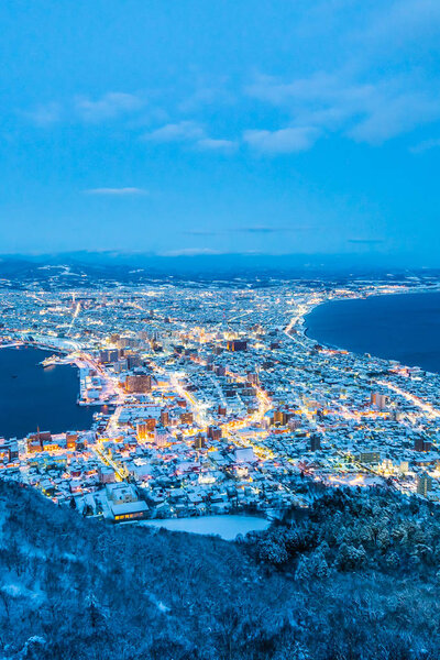 Beautiful landscape and cityscape from Mountain Hakodate for look around city skyline building and architecture at night