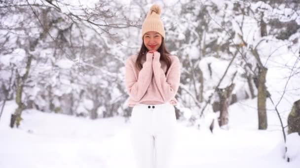 Footage Beautiful Asian Young Woman Snowfall — Stock Video