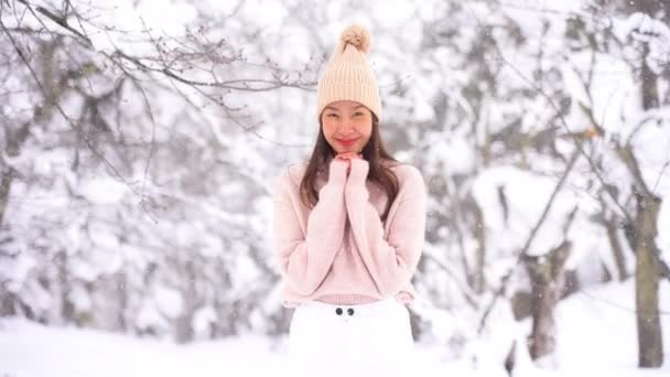 Imagens Bela Mulher Jovem Asiática Sob Queda Neve — Vídeo de Stock