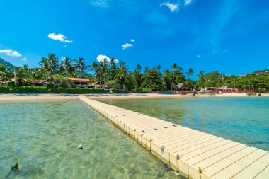 Güzel tropikal plaj deniz ve kum mavi gökyüzü ve beyaz bulut iskelesinden seyahat ve tatil için Hindistan cevizi hurma ağacı ile