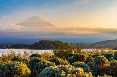 Dağ fuji akçaağaç yaprağı ağaç göl günbatımı zaman Yamanashi Japonya sonbahar sezonu ile güzel manzara