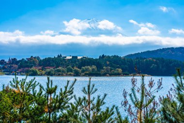 Dağ fuji akçaağaç yaprağı ağaç göl sonbahar sezonu ile güzel manzara