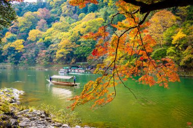 Akçaağaç ağaç yaprak ve sonbahar sezonu Kyoto Japonya göl etrafında tekne ile güzel Arashiyama Nehri