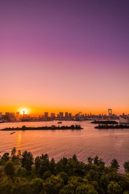 Alacakaranlık günbatımı zaman Japonya'nın tokyo şehir Gökkuşağı Köprüsü ile Cityscape bina güzel mimari