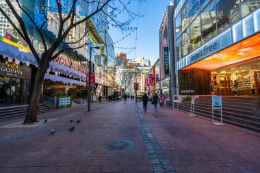 Seoul, Güney Kore 10 Aralık 2018: Myeong dong piyasasıdır popüler bir yer ve yiyecek bir şeyler bulmak alışveriş ve turistik bölgesi