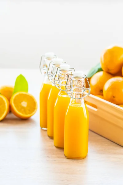 Fresh Orange Juice Drink Bottle Glass Wooden Table Healthy Food — Stock Photo, Image