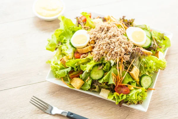 Tonijn vlees en eieren met verse groente salade — Stockfoto